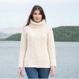 SAOL Aran Irish Sweater 100% Merino Wool Fisherman Cable Knit Pullover XL